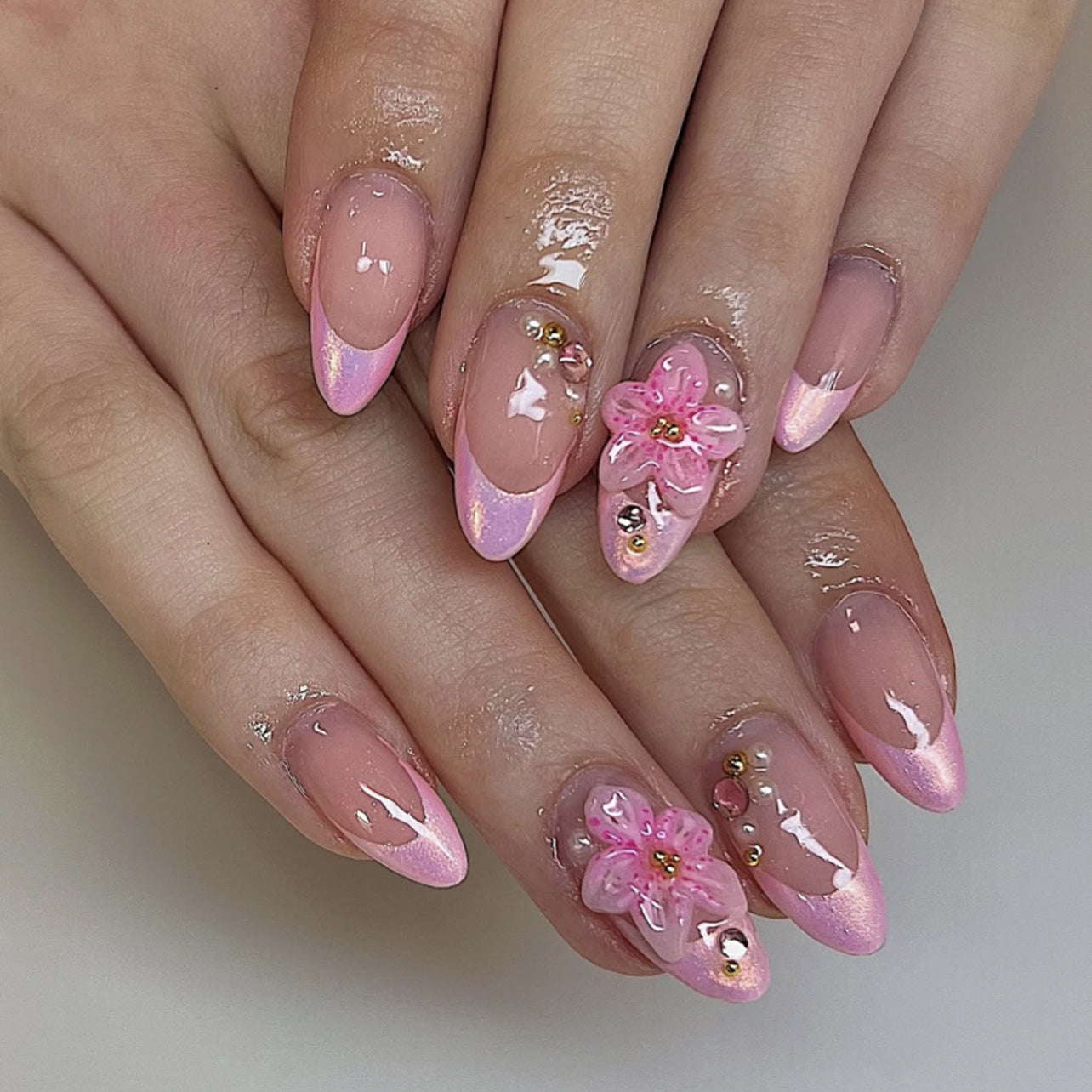 Charming Blossom Design Medium Almond Pink Ombre with Floral Accents Press-On Nail Set