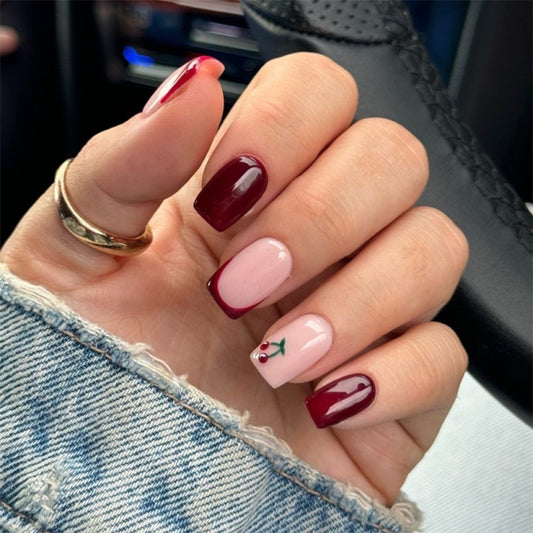 Chic Autumn Vibes Medium Square Burgundy and Pink Press-on Nail Set with Cherry Accent