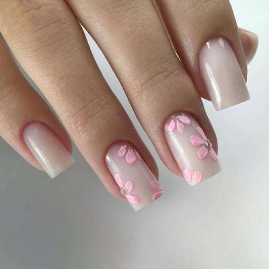 Whimsical Blossom Medium Square Press On Nail Set Long Smooth Pink Floral Design