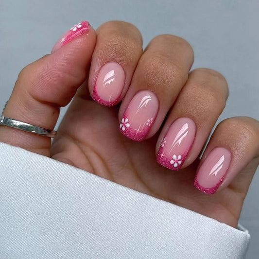 Blossom Breeze Medium Square Pink Ombre with Floral Accent Press On Nail Set