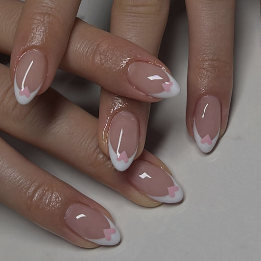Whimsical Romance Medium Almond Pink and White Heart Tip Press on Nail Set
