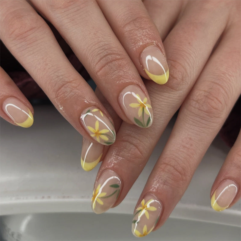 Sunshine Blossom Medium Almond Yellow Ombre with Floral Design Press On Nail Set