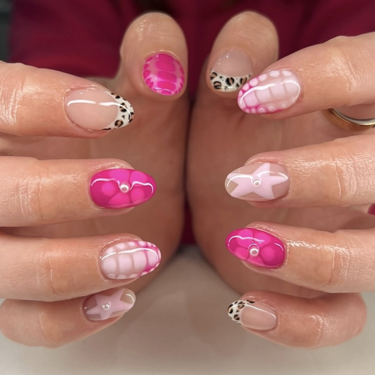 Tropical Vibe Short Almond Pink and Clear Press On Nail Set with Unique Patterned Accents