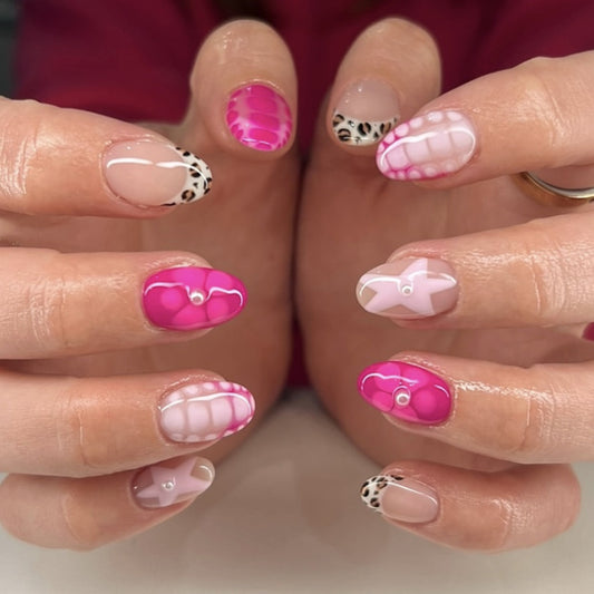 Tropical Vibe Short Almond Pink and Clear Press On Nail Set with Unique Patterned Accents