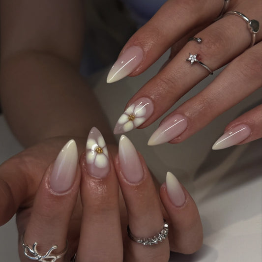 Blossom Elegance Long Almond Shaped Beige and White Press on Nail Set with Artistic Floral Design