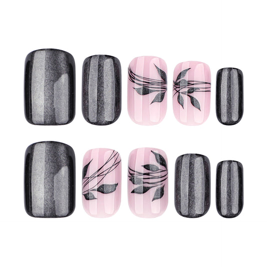 Elegant Garden Inspired Medium Square Black and Pink Design with Unique Floral Accents Press On Nail Set