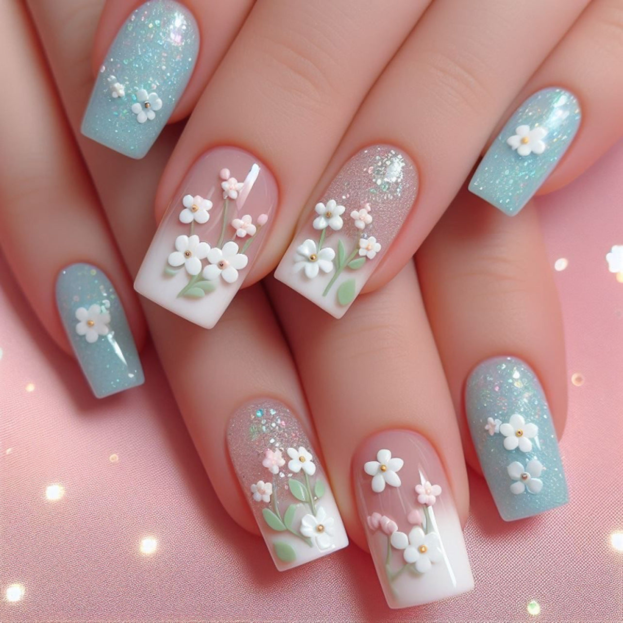 Enchanting Garden Medium Square Ombre Aqua with Floral Accents Press-On Nail Set