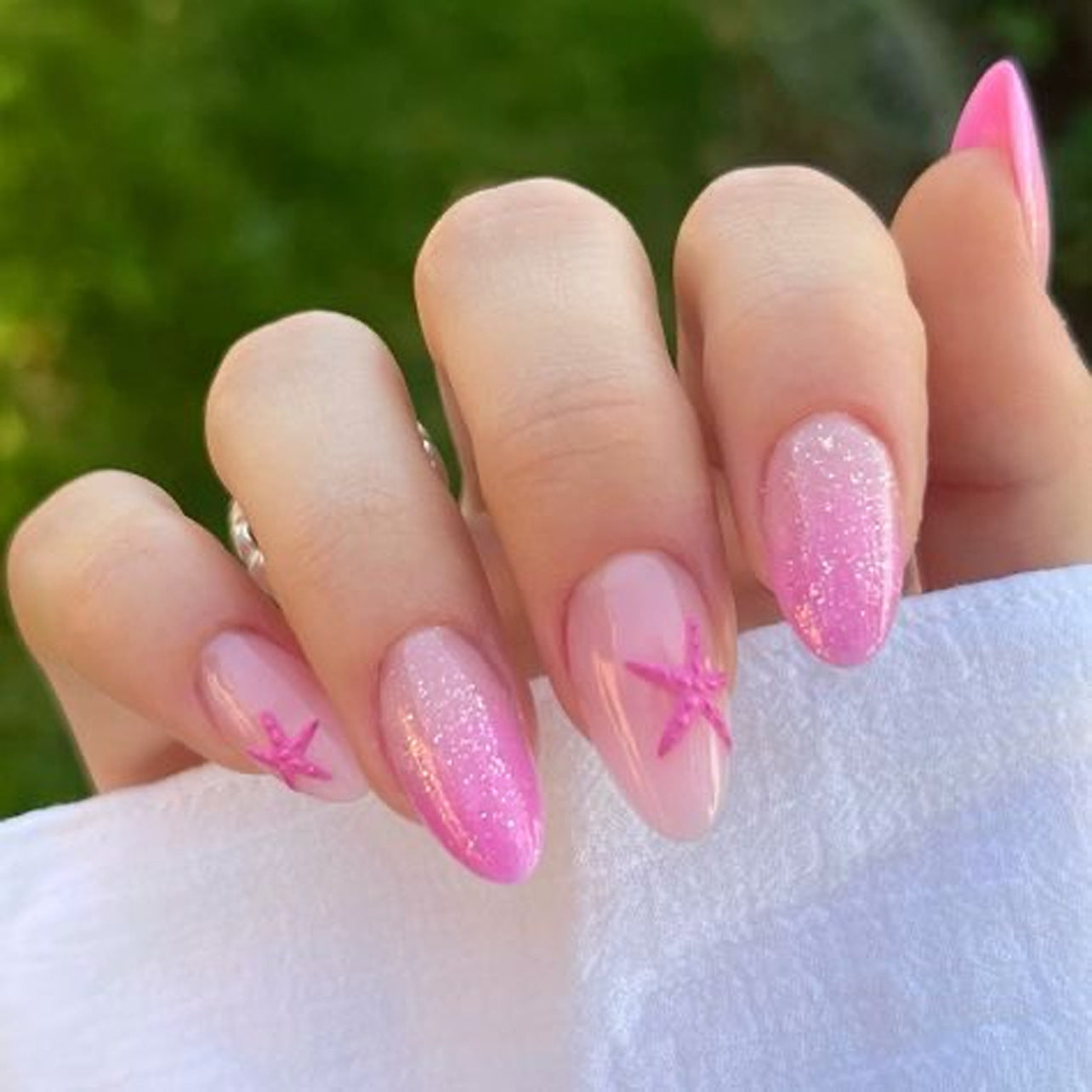 Tropical Bliss Medium Almond Shaped Pink Ombre Press On Nail Set with Sparkling Starfish Accent