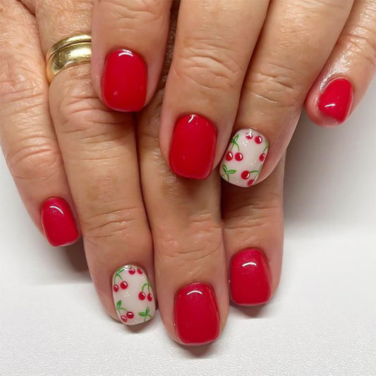 Cherry Blossom Delight Glossy Short Square Red Press-On Nail Set with Whimsical Fruit Accents