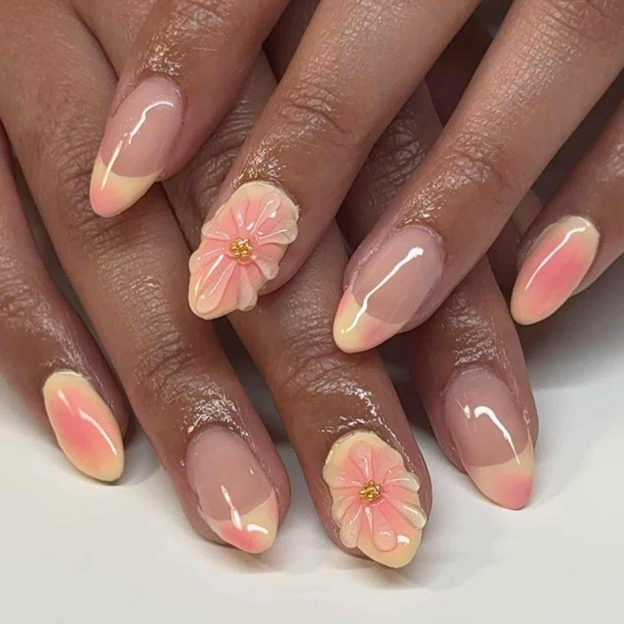 Blossoming Elegance Short Almond Pink Ombre with Floral Accents Press on Nail Set