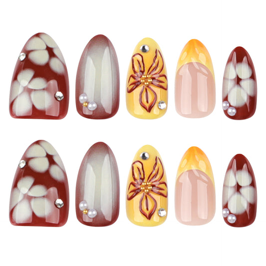 Enchanting Floral Delight Medium Almond Burgundy and Yellow Press On Nail Set with Gemstone Accents