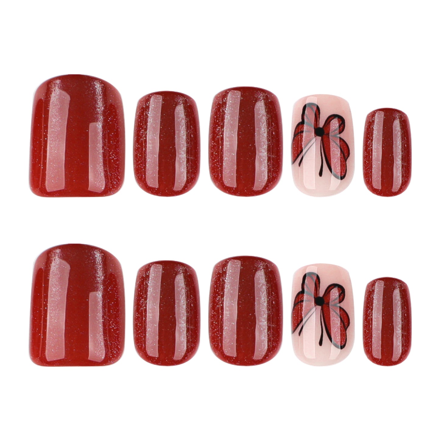 Romantic Elegance Red Short Square and Narrow Press on Nail Set with Glitter and Heartfelt Bow Design