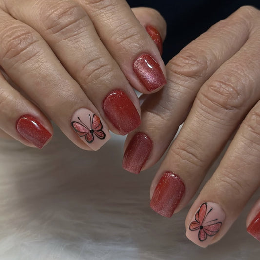 Butterfly Bliss Sparkling Short Square Red with Delicate Artwork Press-On Nail Set