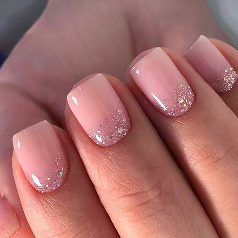 Sparkling Elegance Short Square Pink Press-On Nail Set with Glimmering Ombre Finish