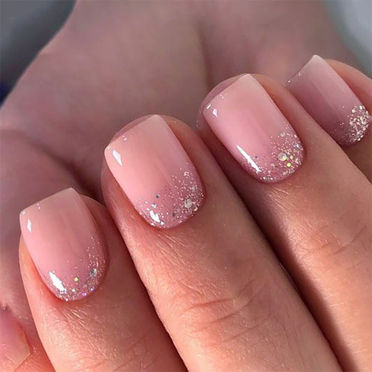 Sparkling Elegance Short Square Pink Press-On Nail Set with Glimmering Ombre Finish