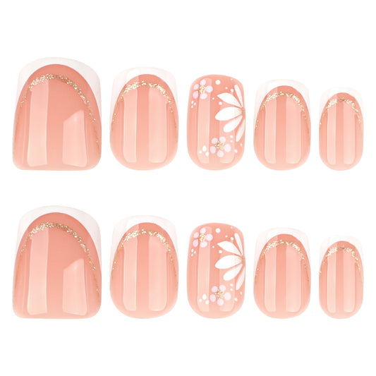 Blossom Serenity Elegant Short Square Pink Press On Nail Set with Delicate Floral Accents and Shimmery Gold Detail