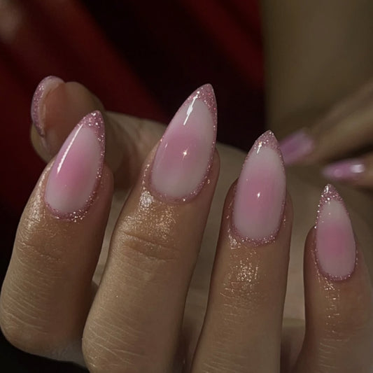 Whimsical Blossom Long Stiletto Gradient Pink Press On Nail Set with Sparkling Edges