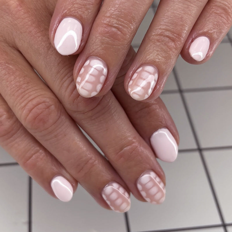 Whimsical Elegance Short Oval Soft Pink with Chic Transparent Lace Design Press-On Nail Set