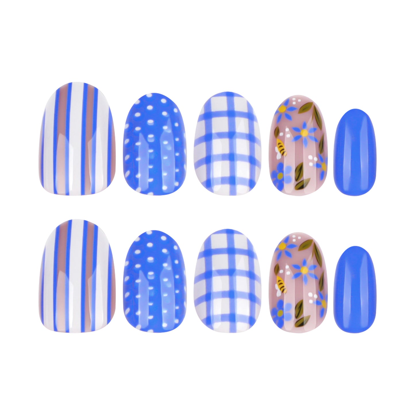 Enchanting Garden Blue Short Oval Patterned Press On Nail Set with Floral Accents