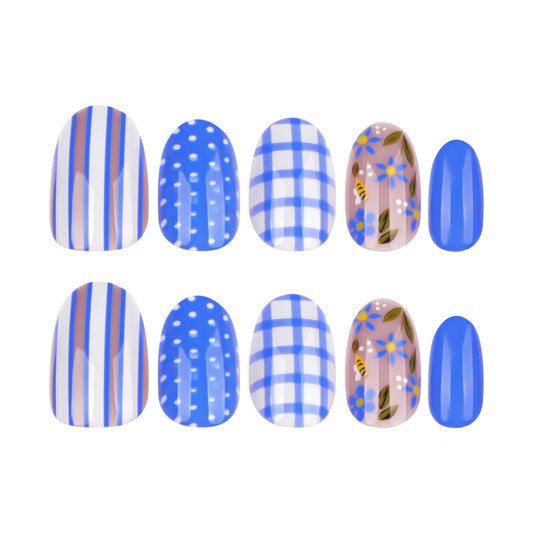 Enchanting Garden Blue Short Oval Patterned Press On Nail Set with Floral Accents