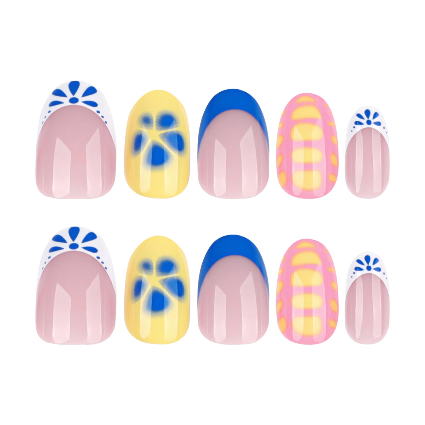 Sunny Floral Delight Short Oval Pastel Colored Press On Nail Set with Unique Geometric Patterns