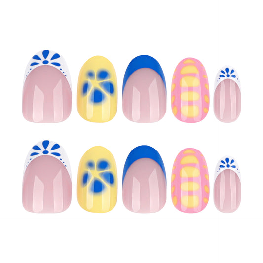 Sunny Floral Delight Short Oval Pastel Colored Press On Nail Set with Unique Geometric Patterns