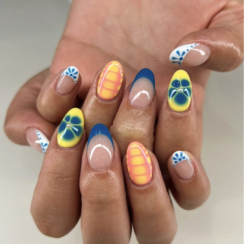 Tropical Paradise Short Round Shaped Blue and Yellow Ombre Press On Nail Set with Floral Accents