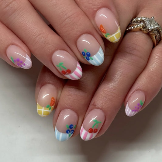 Farmers Market Inspired Short Oval Shaped Pastel Nail Set with Fruit Themed Art
