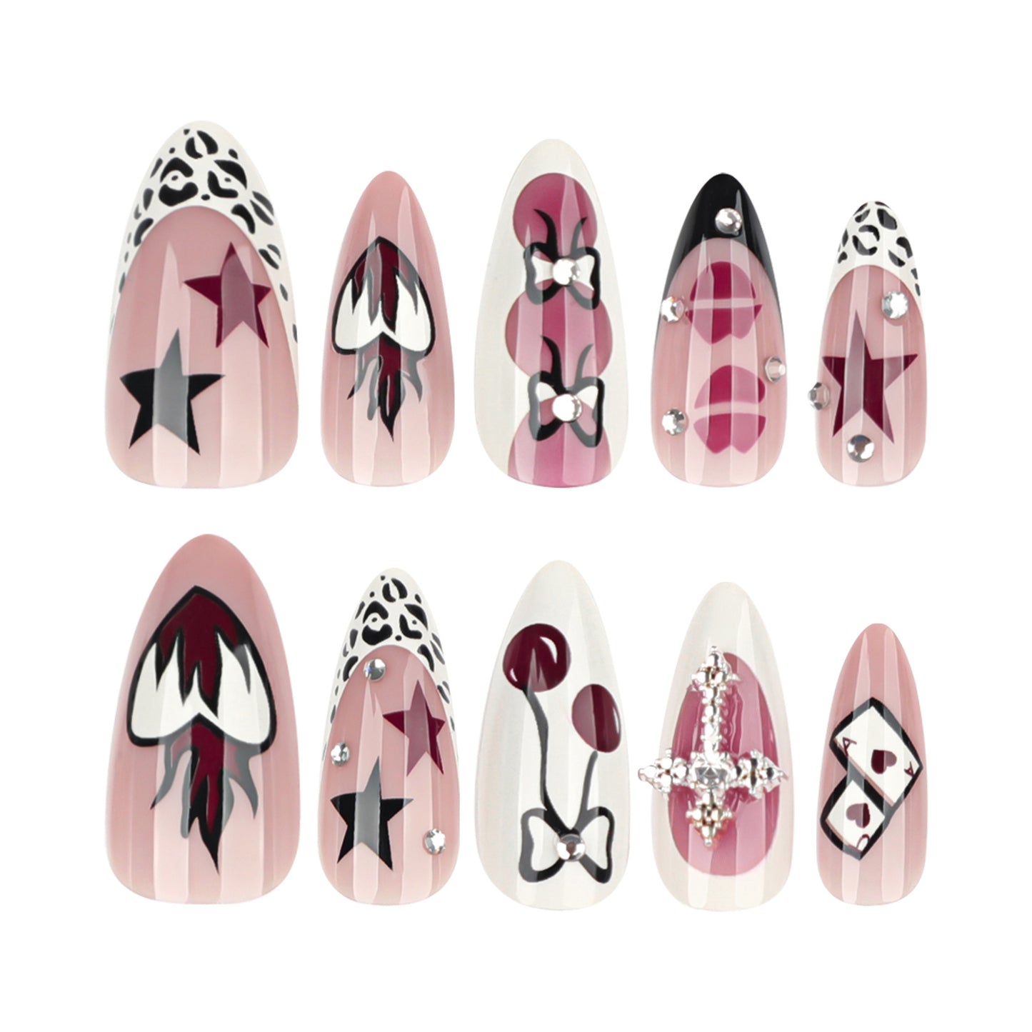 Chic Charm Medium Almond Pink and White with Glamorous Accents Nail Set