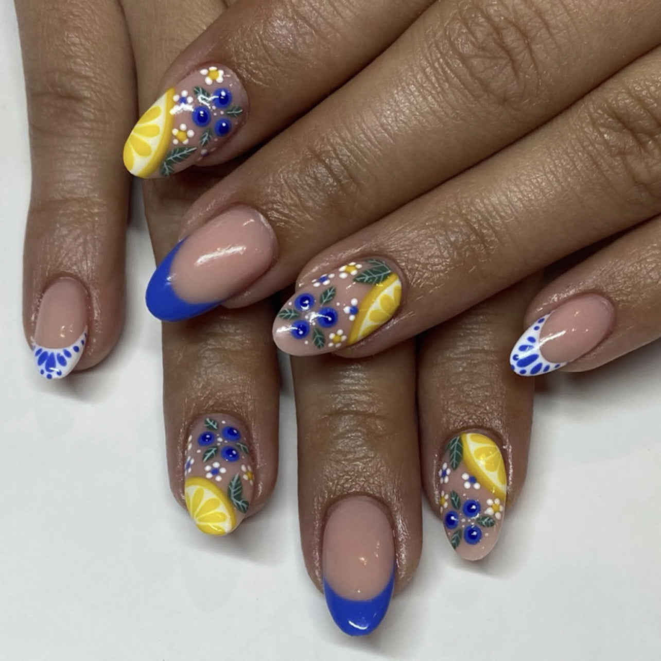 Citrus Delight Medium Almond Blue Tip Press On Nail Set with Floral and Gemstone Accents