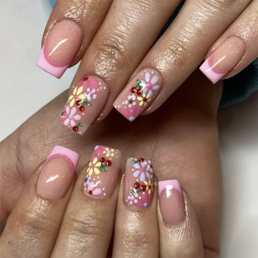 Whimsical Floral Elegance Medium Square Press On Nail Set in Short Pink with Colorful Flower Accents