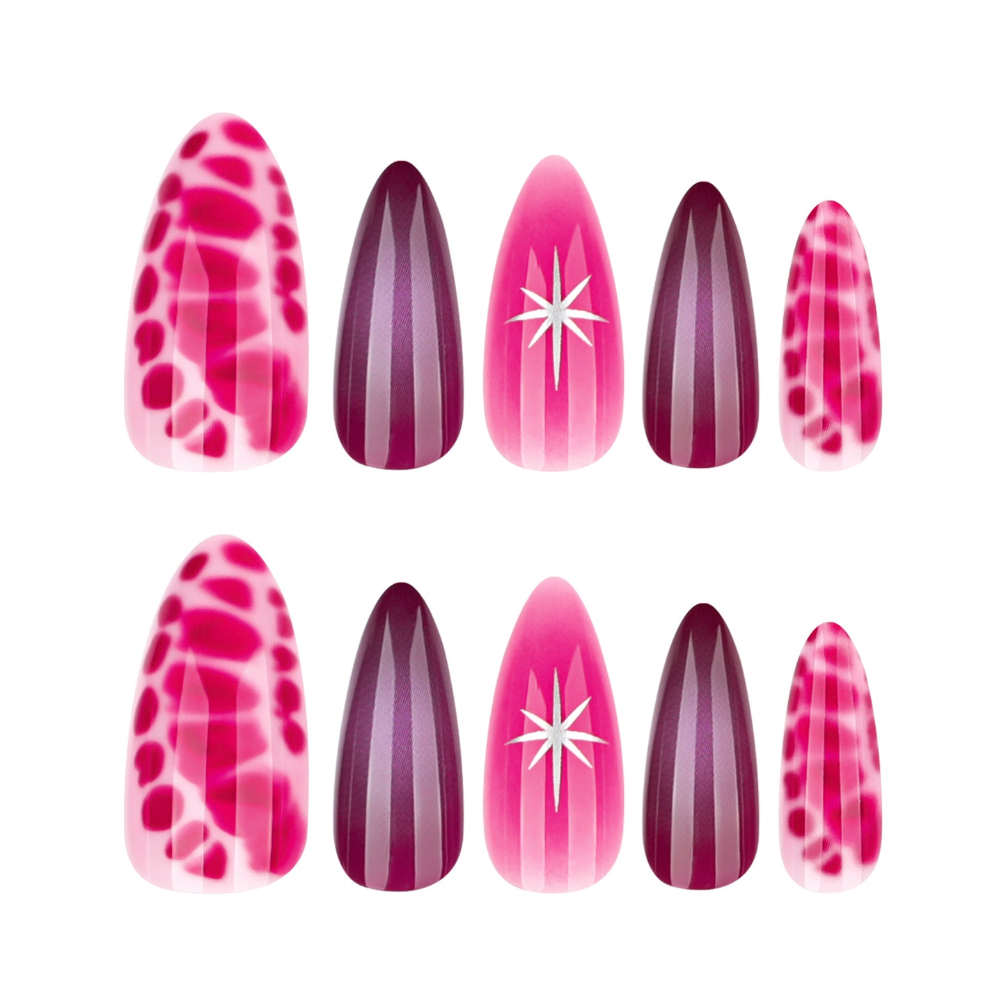 Charming Twilight Lengthy Medium Almond Shaped Bold Pink with Striking Star Accent Press On Nail Set