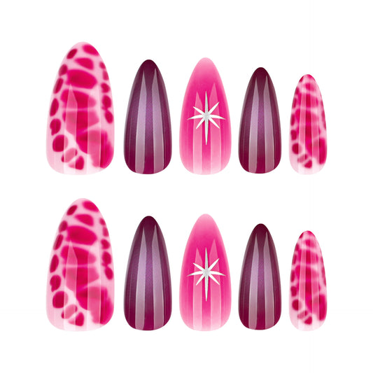 Charming Twilight Lengthy Medium Almond Shaped Bold Pink with Striking Star Accent Press On Nail Set