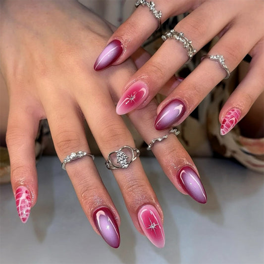 Glamorous Blossom Medium Almond Ombre Pink and Red Press-On Nail Set with Unique Floral Art Design