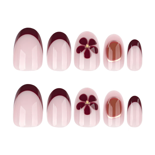 Floral Elegance Short Round Blush Pink with Burgundy Tips and Gold Accented Flower Press-On Nail Set