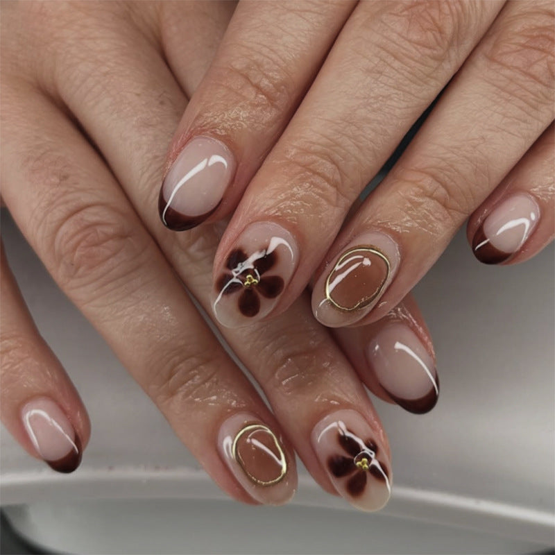 Elegant Floral Design Short Round Shaped Transparent Brown Ombre with Gold Accent Press On Nail Set