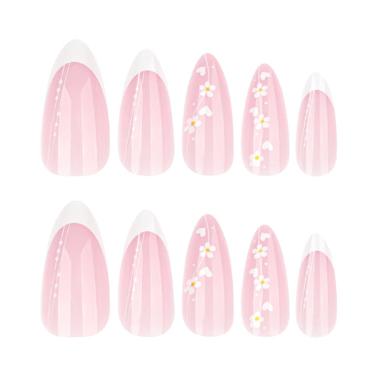 Blossoming Romance Medium Almond Pink Press-on Nail Set with Charming Floral Accents