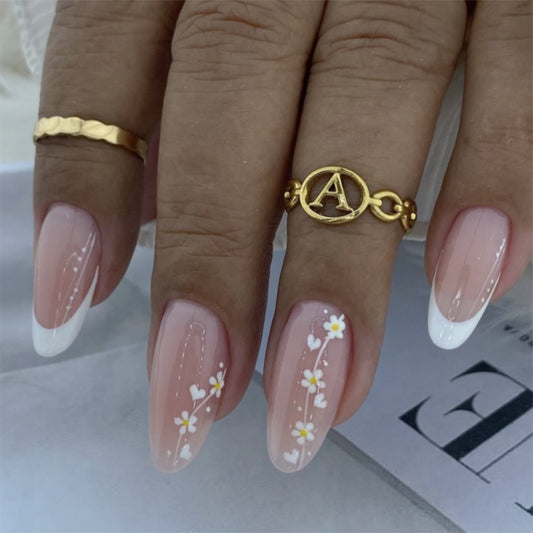 Whimsical Floral Fantasy Medium Almond Pink with White Tips and Charming Daisy Accent Press On Nail Set