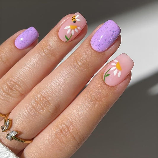 Garden Bliss Short Square Lavender and Pink Press on Nail Set with Floral Accents