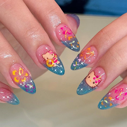 Tropical Bliss Medium Almond Ombre Blue and Pink Glittery Press on Nail Set with Whimsical Character Designs