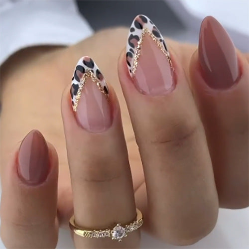 Savanna Chic Short Almond Red and Beige with Daring Leopard Accent and Elegant Gold Detail Press On Nail Set