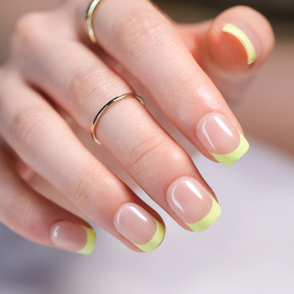 Tropical Vibes Short Square Transparent Nails with Neon Green Tip for a Fresh Look