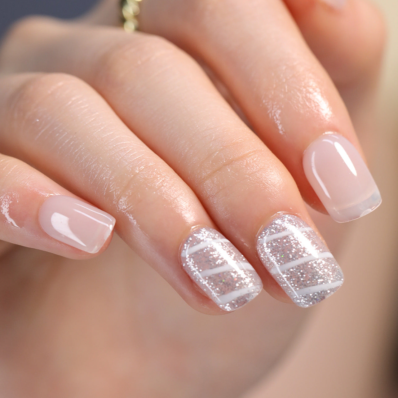 Chic Elegance Short Square Glossy Pale Pink Nails with Glittery Geometric Design