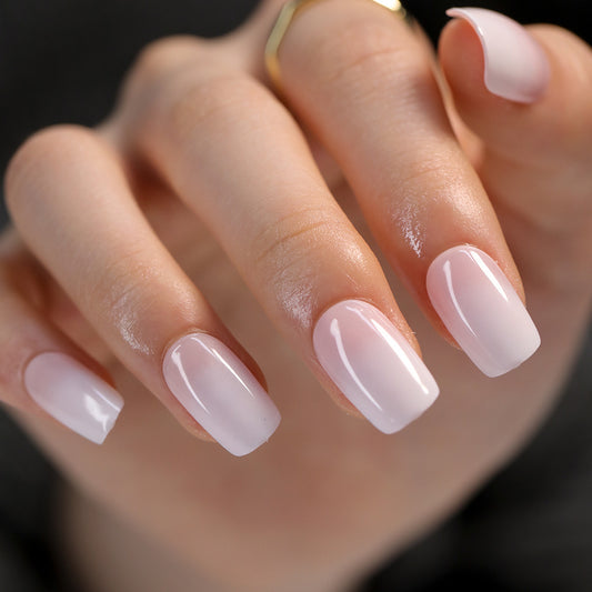 Elegant Dreamy Medium Square Press On Nails in Soft Pink with a Glowing Ombre Finish