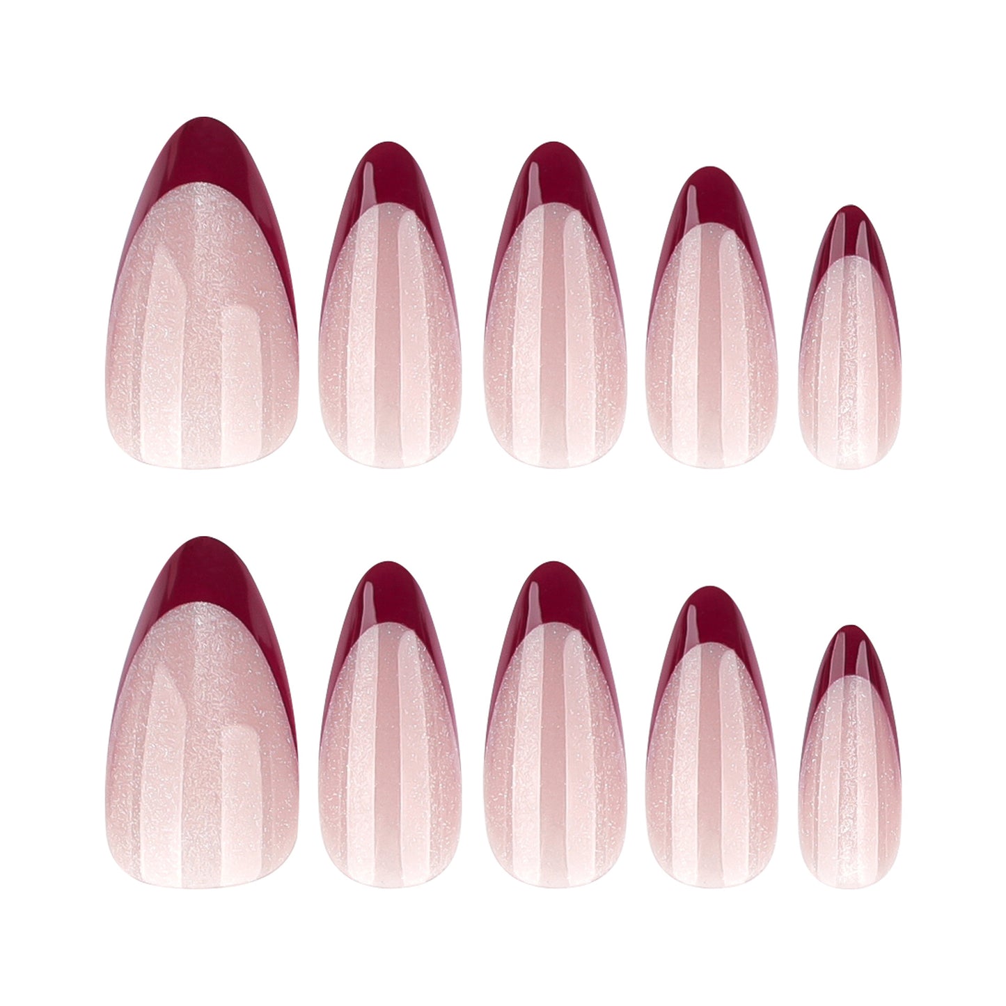 Vintage Glamour Medium Almond Shaped Pink and Burgundy Gradient Nail Set with Glittering Finish