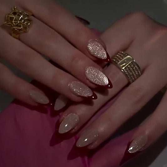 Glamorous Allure Medium Stiletto Beige and Glittering with Bold Crimson Tips Press On Nail Set