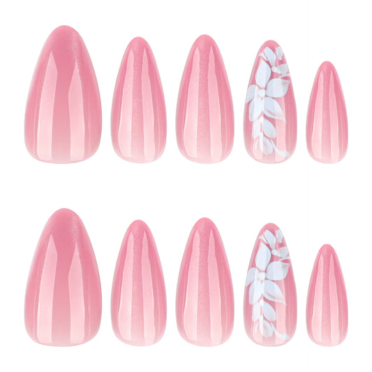 Blossom Romance Long Almond Pink Gradient Nail Set with Floral Accent