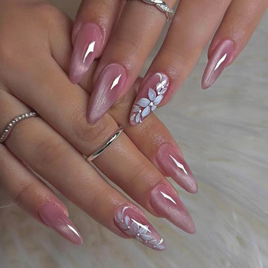 Blossom Elegance Long Almond Pink Ombre with Floral Accent Press On Nail Set