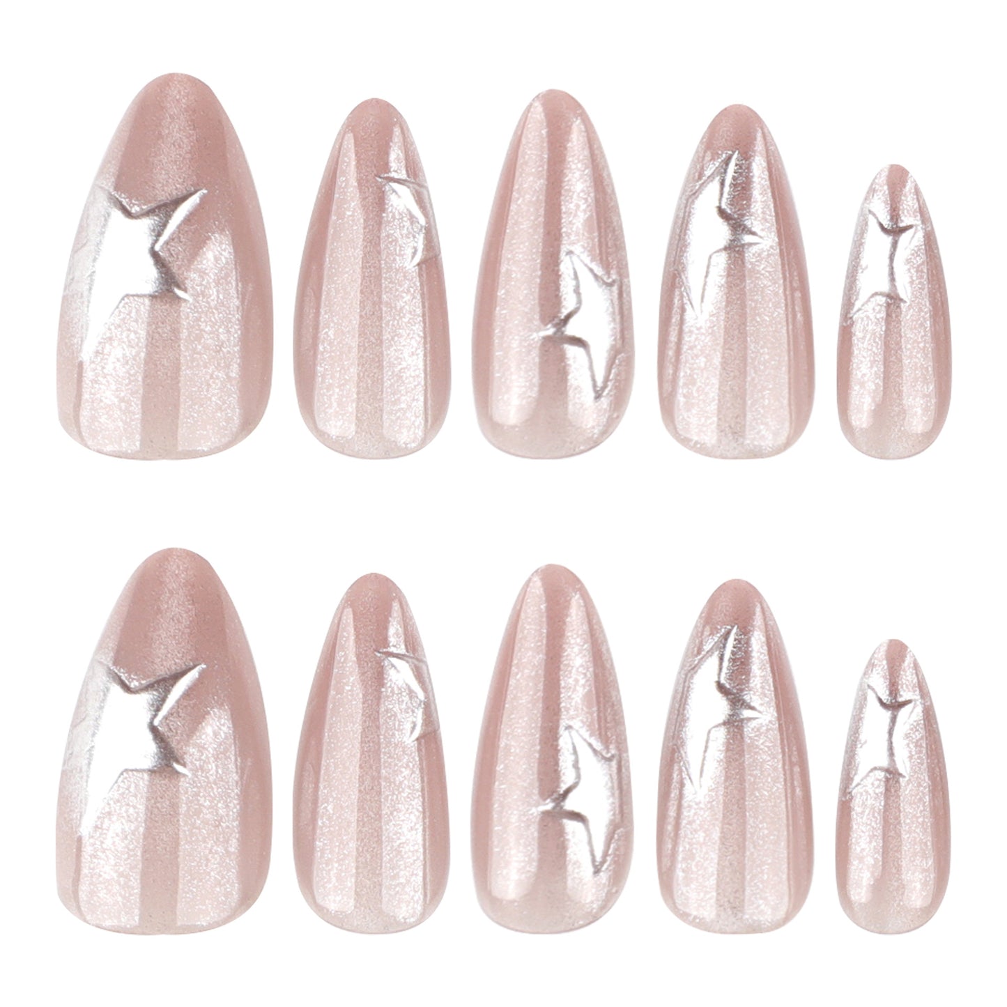 Celestial Dream Press-On Nail Set in Elegant Long Almond Shape with Soft Pink Color Featuring Dazzling Star Accents