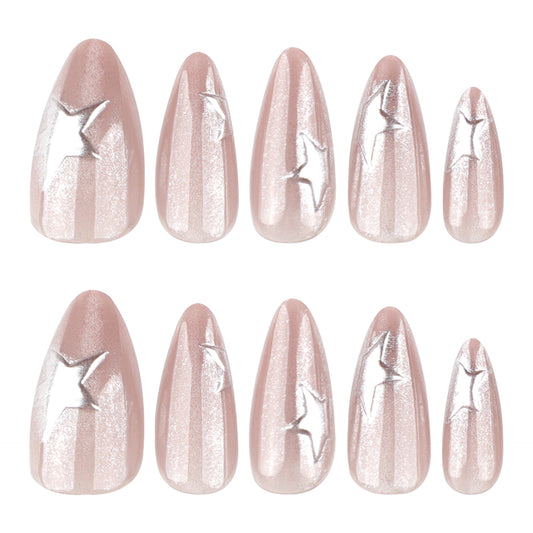 Celestial Dream Press-On Nail Set in Elegant Long Almond Shape with Soft Pink Color Featuring Dazzling Star Accents